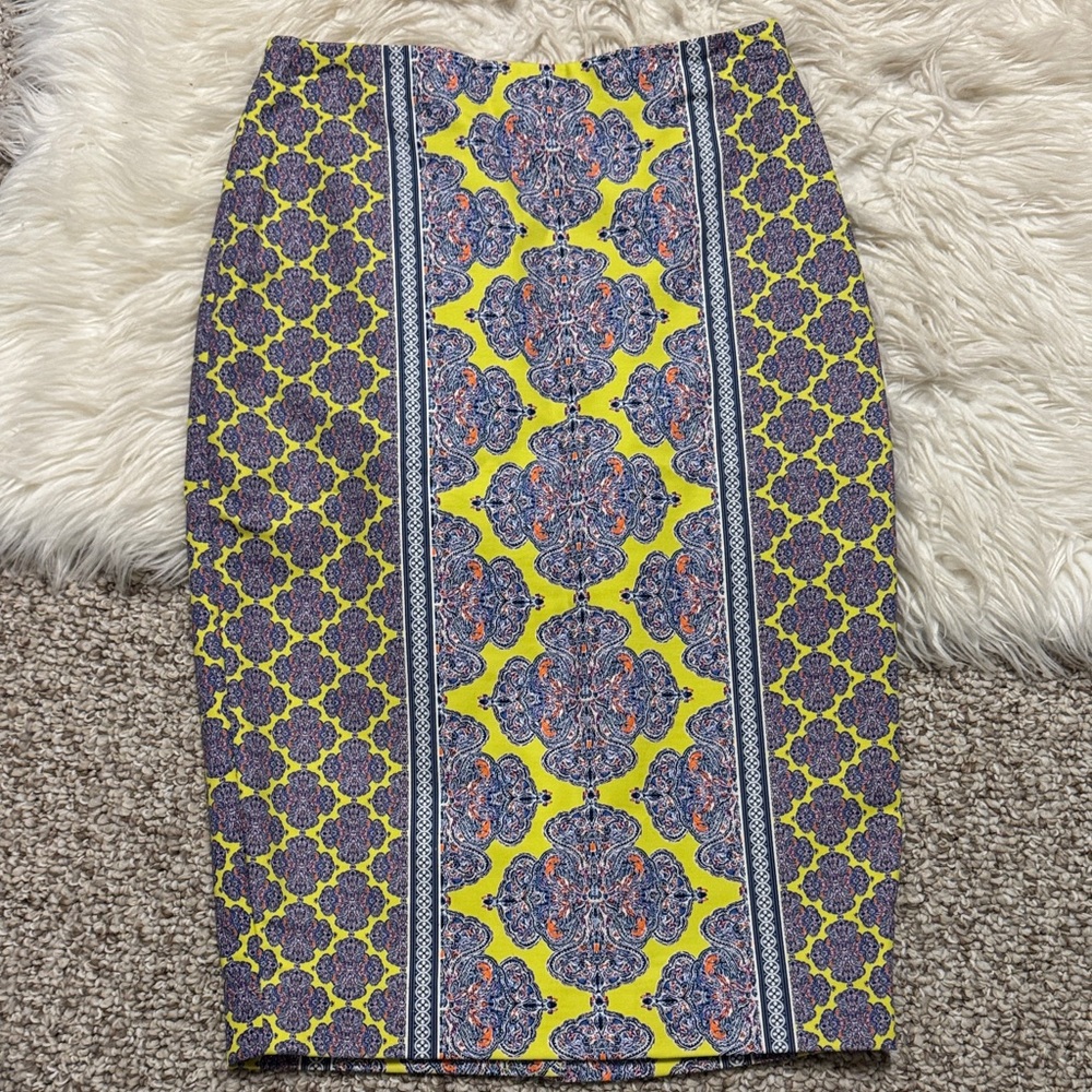 The Limited Yellow and Blue Patterned Pencil Skirt